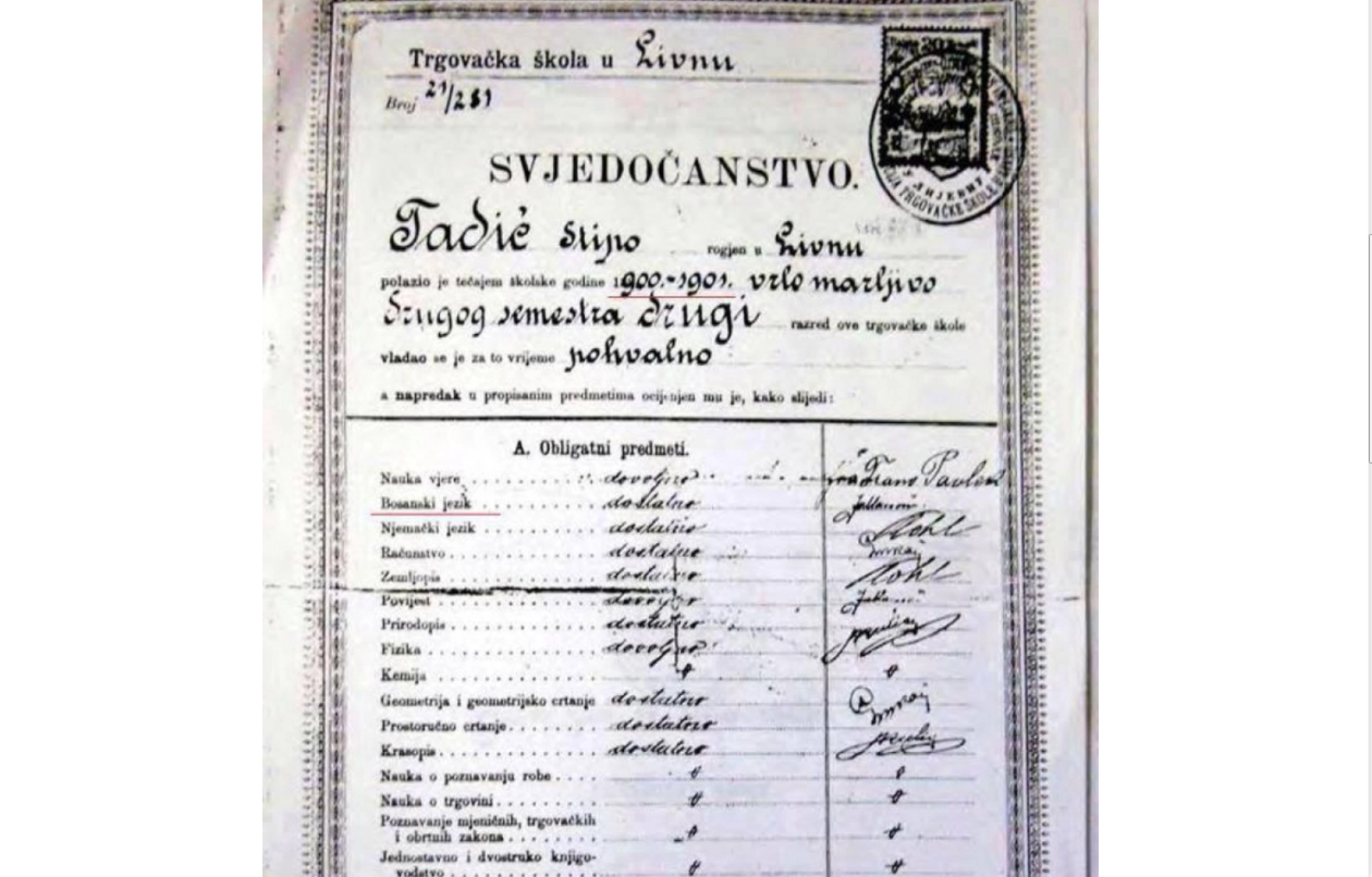 Stipe iz Trgovačke škole Livno: školska 1900/01 – prvo vjeronauka pa bosanski jezik