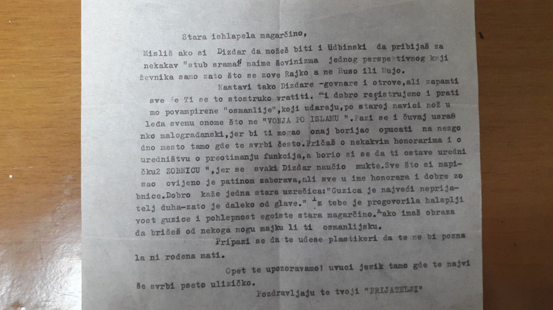 Kako su velikosrbi prijetili smrću velikom bosanskom književniku Maku Dizdaru: Anonimno pismo iz 1970. godine
