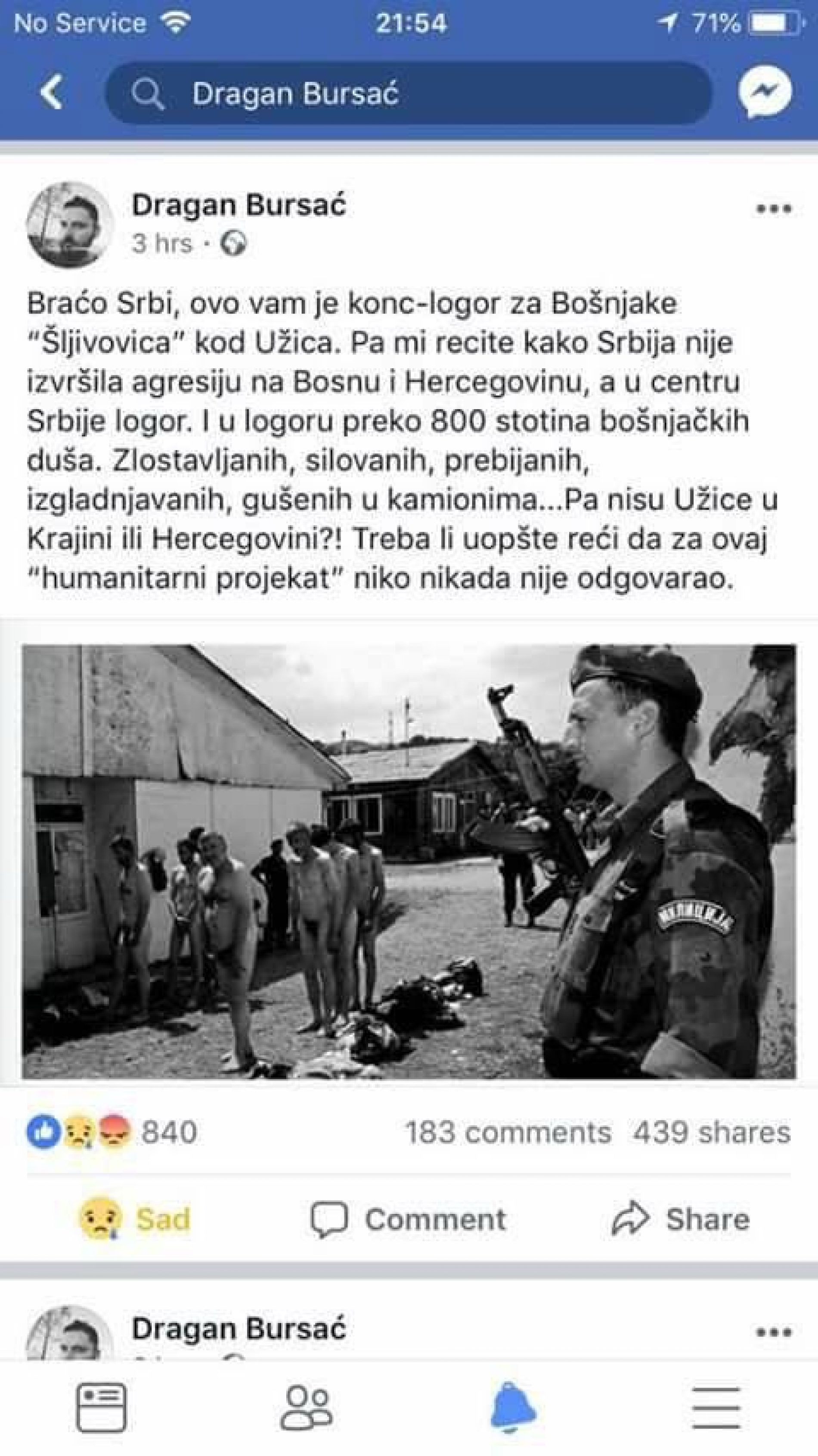 Facebook blokirao profil Dragana Bursaća zbog objave slike logora za Bošnjake u Srbiji