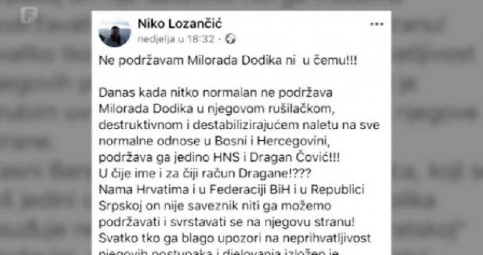 Lozančić se ogradio od Čovićeve politike: Niko normalan ne podržava Dodika