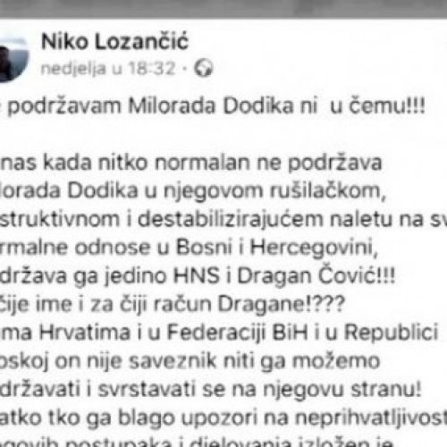 Lozančić se ogradio od Čovićeve politike: Niko normalan ne podržava Dodika