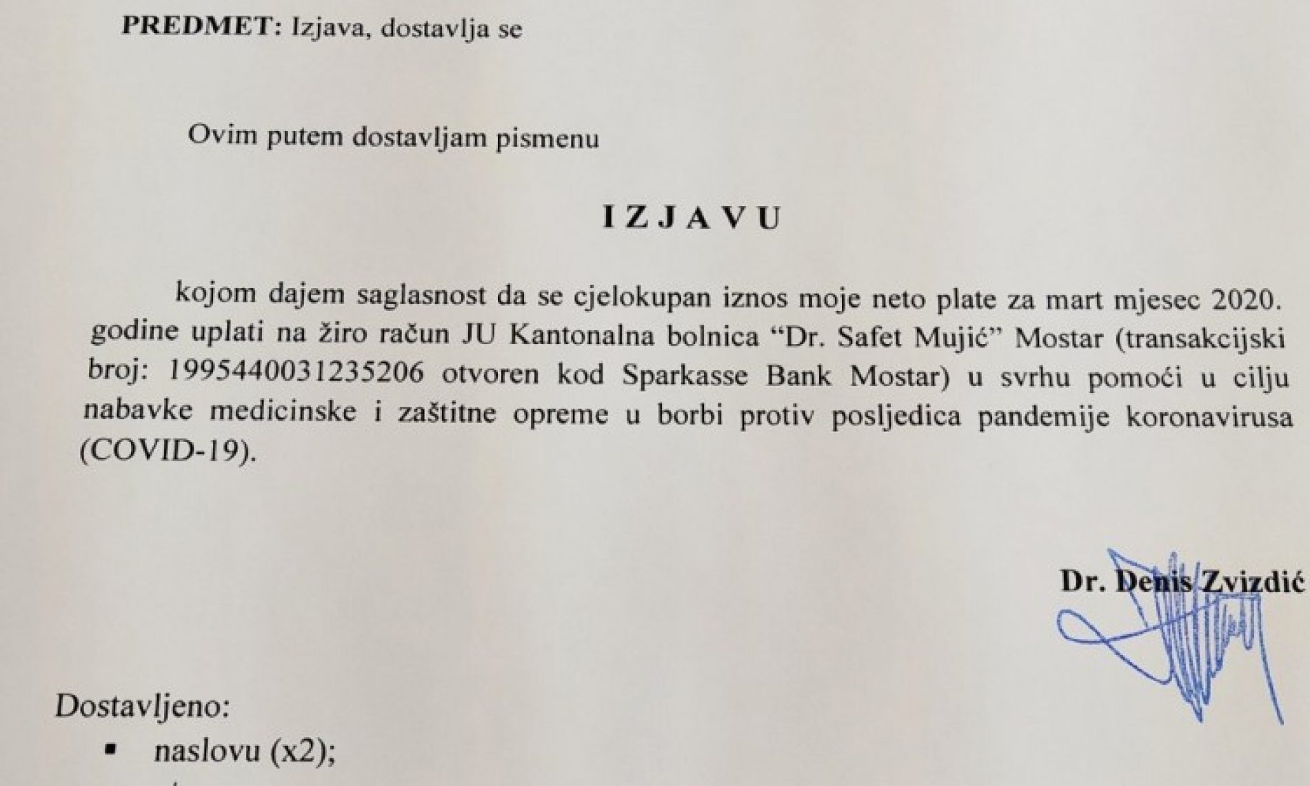 Zvizdić martovsku plaću donirao bolnici “Dr. Safet Mujić” u Mostaru