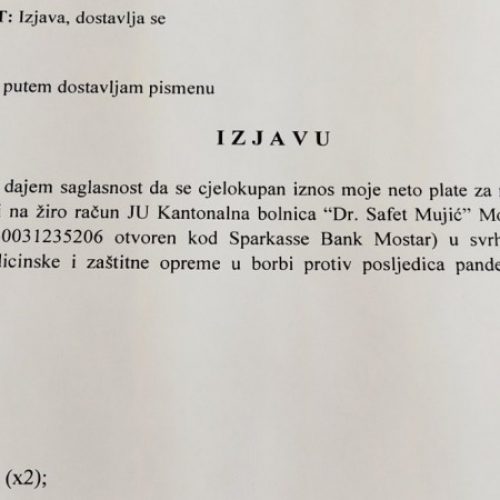 Zvizdić martovsku plaću donirao bolnici “Dr. Safet Mujić” u Mostaru