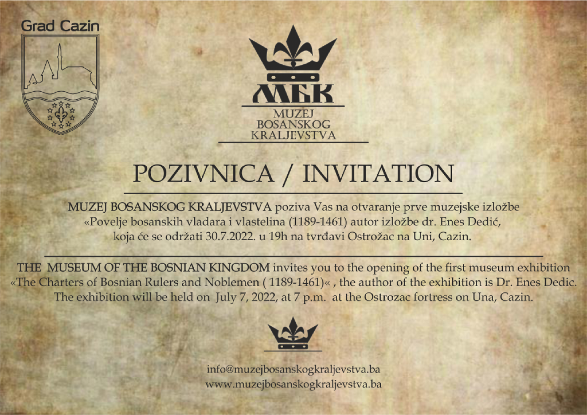 Cazin – 30. jula otvaranje muzejske postavke ‘Povelje bosanskih vladara i vlastelina (1189-1461)’
